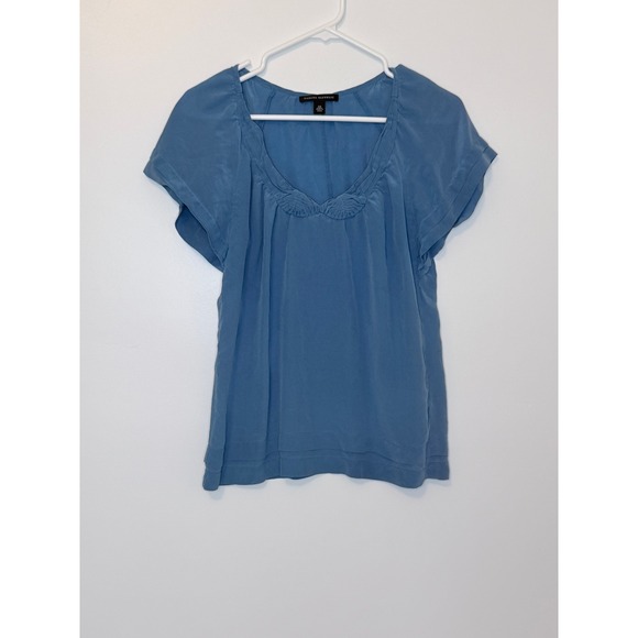 Banana Republic Tops - Banana Republic Silk Blouse Blue Pleated Ruffle Neck Short Sleeve XS